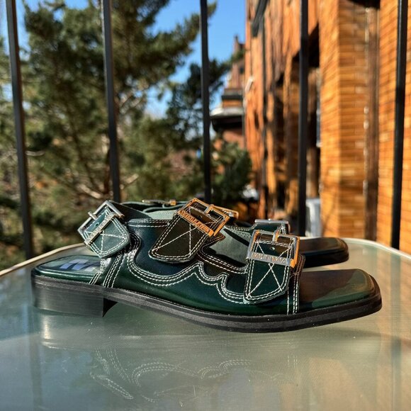 New Mutma Free People Kaita Buckle Sandals Leather Shoes Green US 8 / EUR 38 - Picture 1 of 10